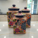 Talavera Kitchen Canister Set | Terracotta Mexican Pottery Trio hand-painted terracotta canisters with floral and butterfly motifs