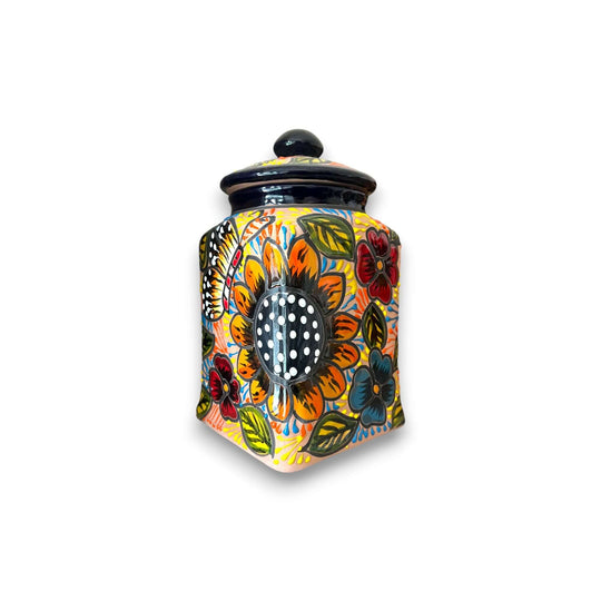 Talavera Kitchen Canister Set | Terracotta Mexican Pottery Trio hand-painted terracotta canister with vibrant floral and butterfly motifs