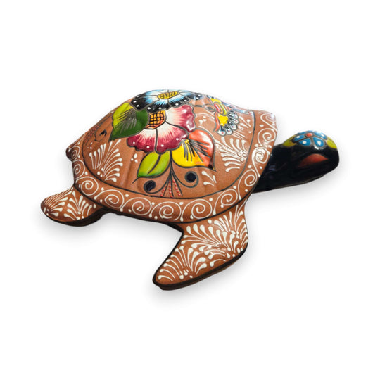 Colorful Talavera Sea Turtle | Handcrafted Mexican Art - terracotta sea turtle sculpture with vivid blue, orange, green floral patterns and folk detailing