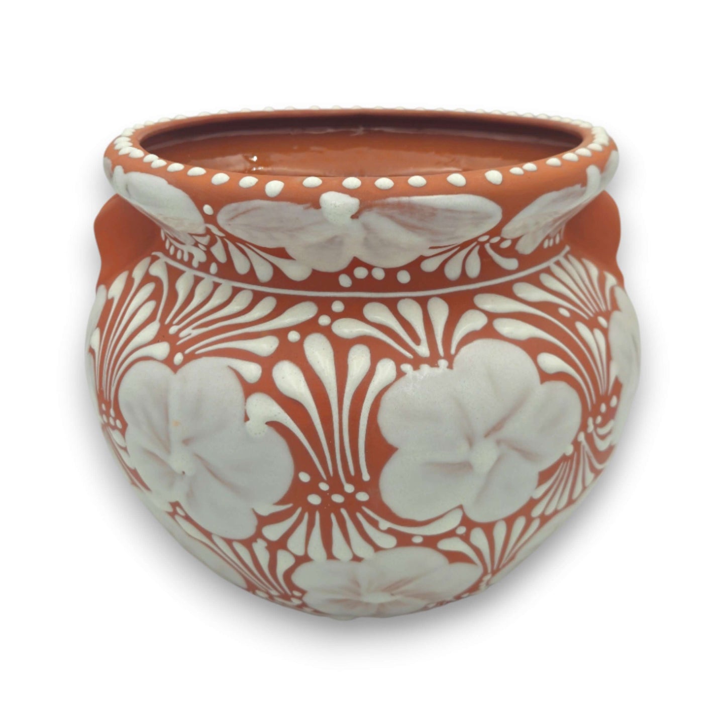 Handcrafted Talavera Flower Pot | Terracotta & White Design - hand-painted terracotta planter with white floral motif