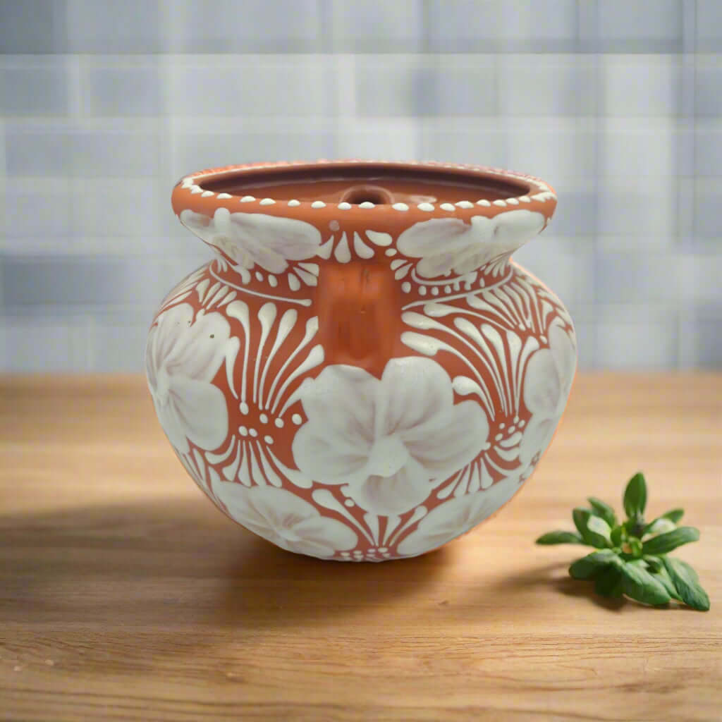 Handcrafted Talavera Flower Pot | Terracotta & White Design - hand-painted terracotta planter with white floral motifs, artisan Mexican ceramic