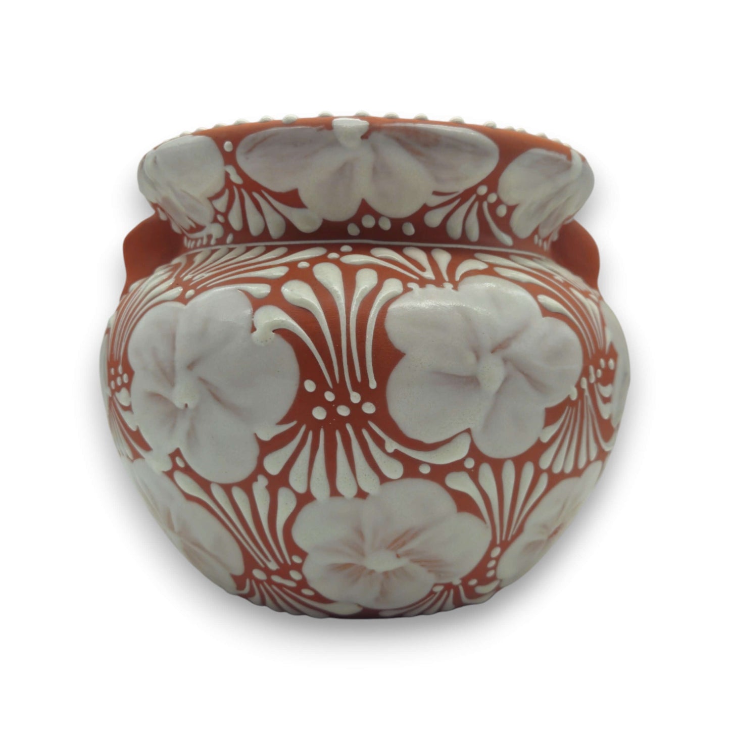 Handcrafted Talavera Flower Pot | Terracotta & White Design - Mexican ceramic planter with hand-painted white floral motifs on terracotta