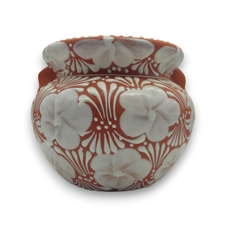 Handcrafted Talavera Flower Pot | Terracotta & White Design - Mexican ceramic planter with hand-painted white floral motifs on terracotta