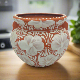 Handcrafted Talavera Flower Pot | Terracotta & White Design - handcrafted Mexican terracotta planter with white floral motifs