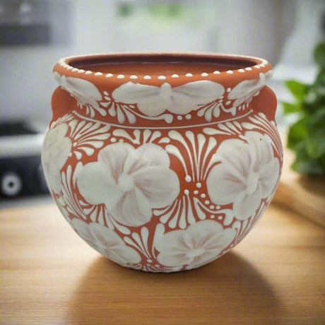 Handcrafted Talavera Flower Pot | Terracotta & White Design - handcrafted Mexican terracotta planter with white floral motifs