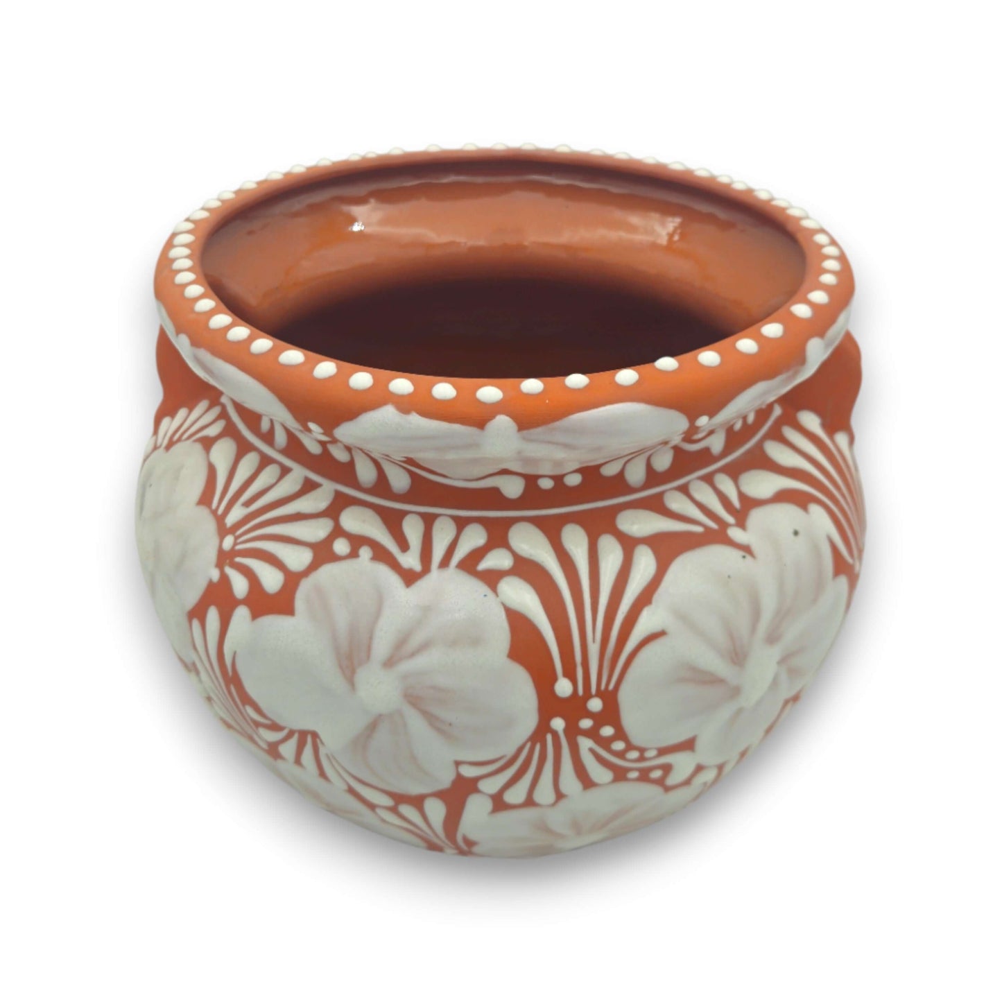 Handcrafted Talavera Flower Pot | Terracotta & White Design - round terracotta planter with hand-painted white floral pattern and dotted rim