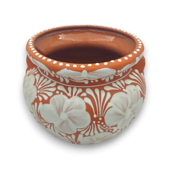 Handcrafted Talavera Flower Pot | Terracotta & White Design - round terracotta planter with hand-painted white floral pattern and dotted rim