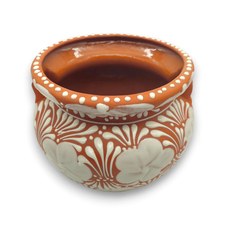 Handcrafted Talavera Flower Pot | Terracotta & White Design - handcrafted Mexican terracotta planter with white floral pattern and dotted rim