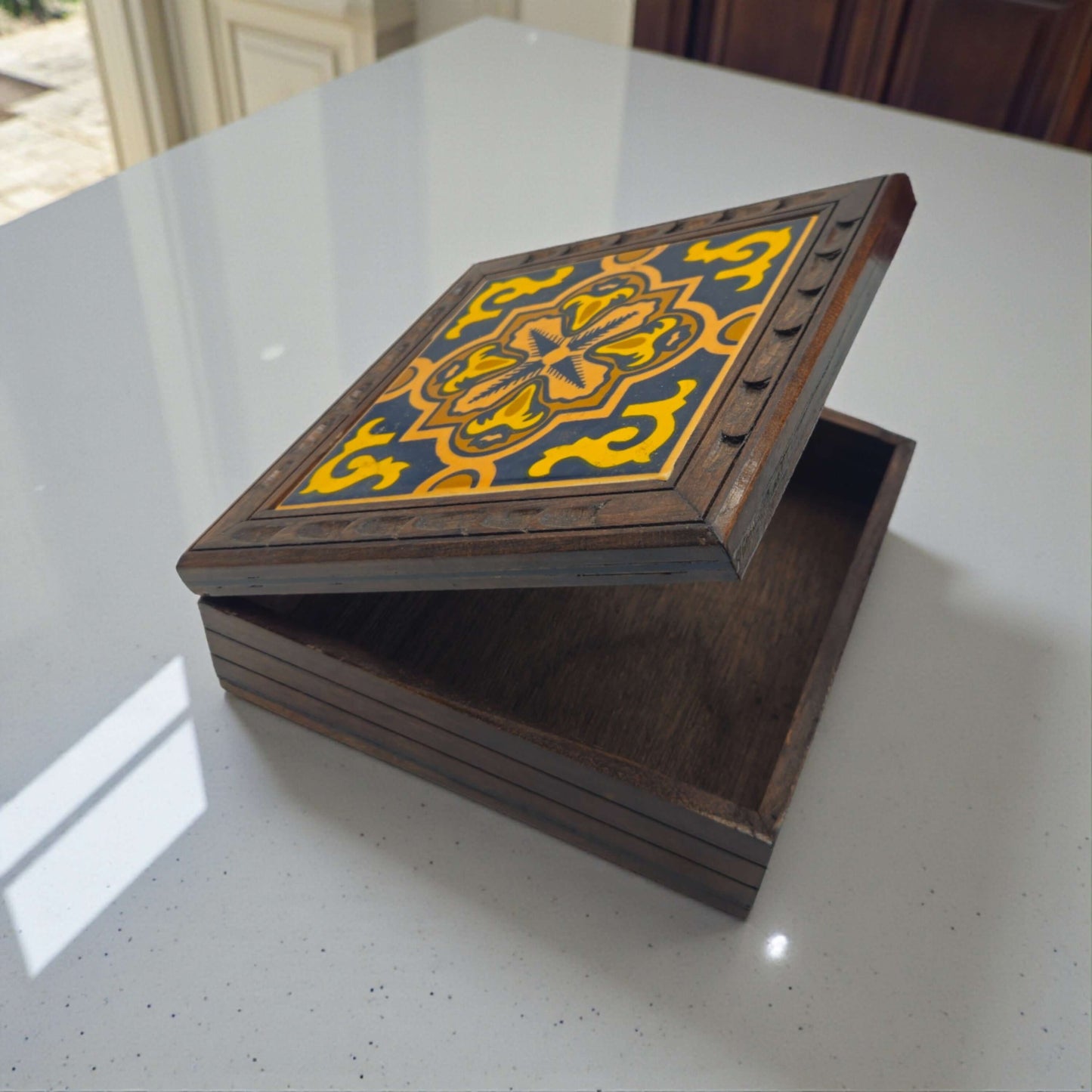 Handcrafted Talavera Tile Keepsake Box | Mexican Wooden Jewelry Box with yellow and blue hand-painted tile and dark-stained wood frame