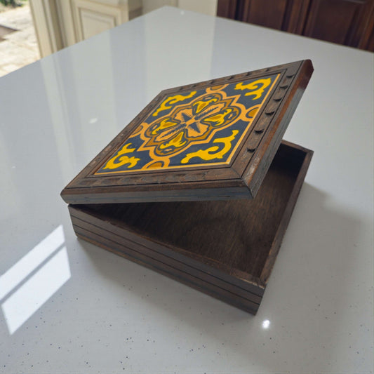 Handcrafted Talavera Tile Keepsake Box | Mexican Wooden Jewelry Box with yellow and blue hand-painted tile and dark-stained wood frame