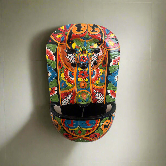 Talavera Wall Fountain | Handcrafted Mexican Ceramic Water Feature - colorful hand-painted floral and geometric mounted ceramic fountain