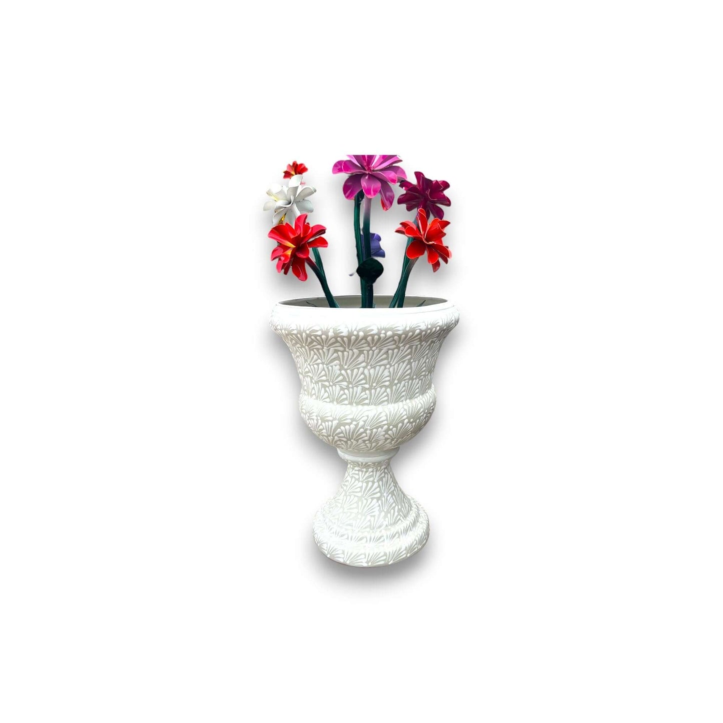 Talavera White Flower Pot | Handcrafted Mexican Ceramic Planter - white hand-painted Talavera urn with colorful flowers, kiln-fired lead-free glaze