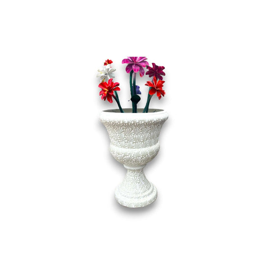 Talavera White Flower Pot | Handcrafted Mexican Ceramic Planter - white hand-painted Talavera urn with colorful flowers, kiln-fired lead-free glaze