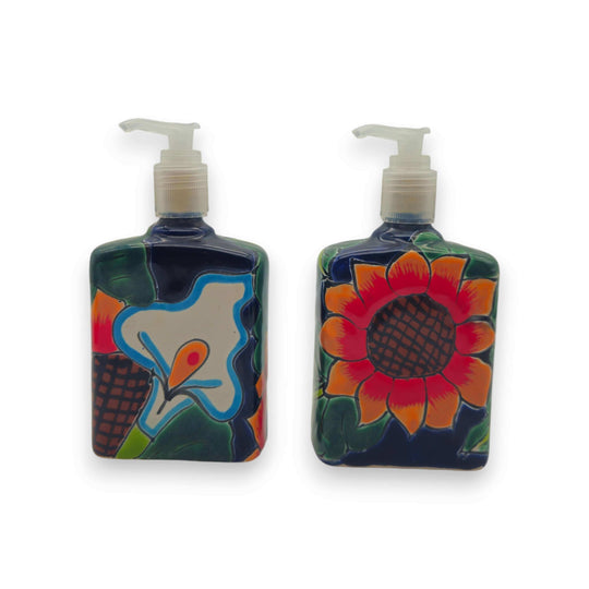 Sunflower Talavera Soap Pump | Handcrafted Ceramic Dispenser - hand-painted sunflower and floral blue ceramic soap dispenser