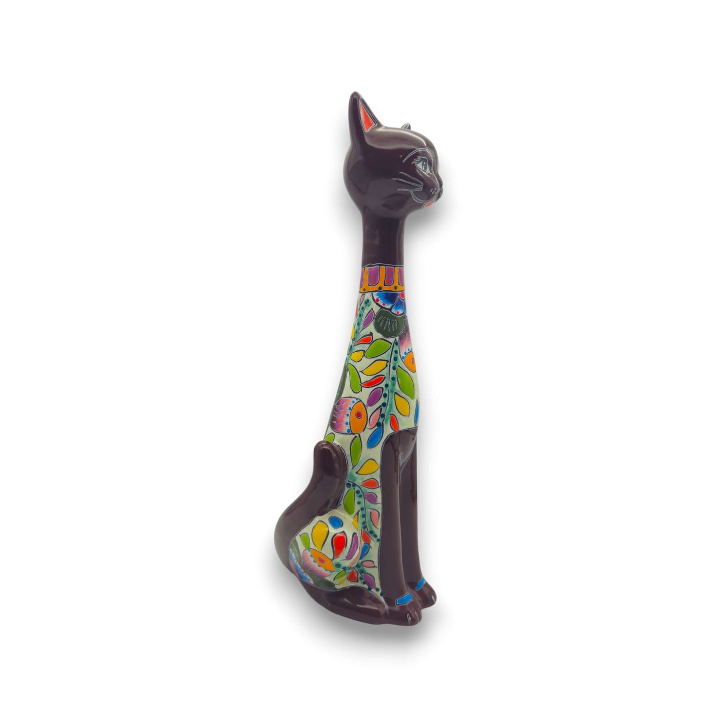 Colorful Talavera Cat Statue | Handcrafted Mexican Art - tall handcrafted dark-body cat with vivid hand-painted floral and geometric patterns