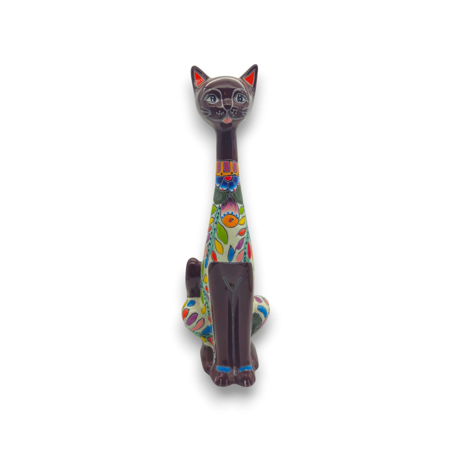 Colorful Talavera Cat Statue | Handcrafted Mexican Art - tall handcrafted Mexican cat with dark body and vivid hand-painted floral and geometric patterns