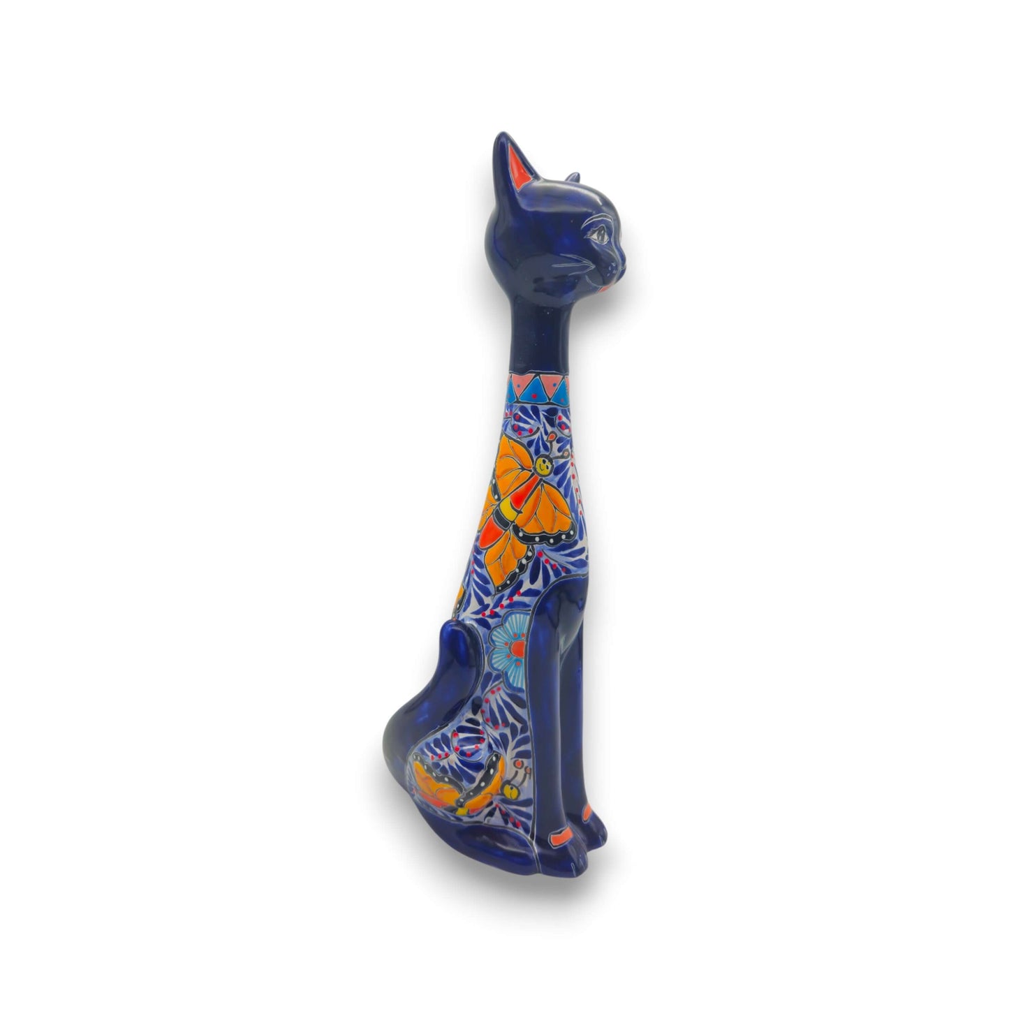 Colorful Talavera Cat Statue | Handcrafted Mexican Art - tall dark blue hand-painted ceramic cat with vivid floral and geometric patterns