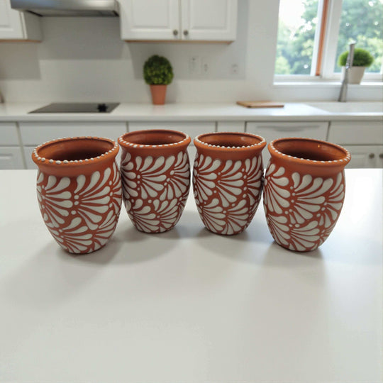 Terracotta Relief Cantarito | Handcrafted Mexican Pottery Cup - set of four hand-painted terracotta cups with white floral relief