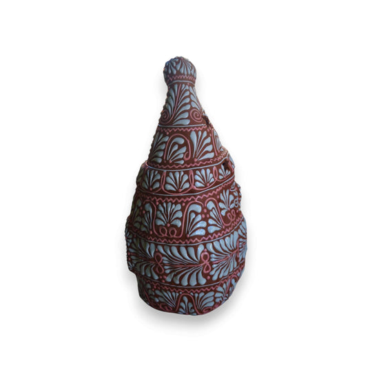 Terracotta Talavera Santa | Handcrafted Holiday Statue showing large hand-painted terracotta Santa with white floral motifs and star cutouts