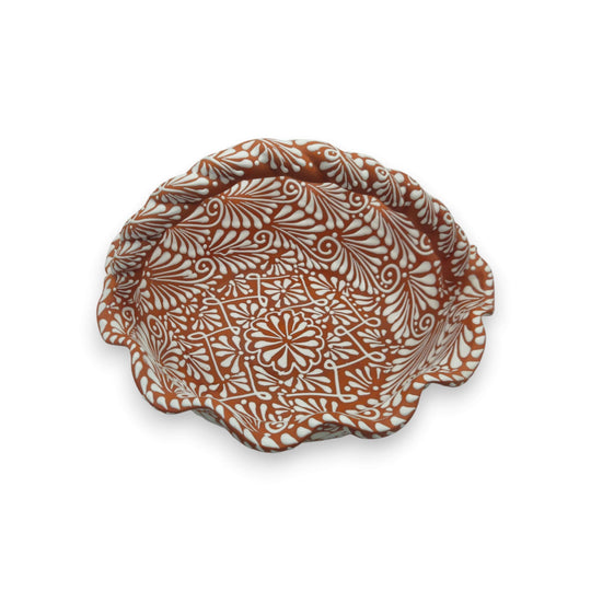 Terracotta & White Talavera Basket | Handcrafted Ceramic Bowl - handcrafted terracotta bowl with white floral geometric Talavera pattern and scalloped edge