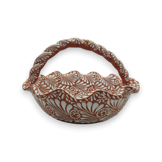 Terracotta & White Talavera Basket | Handcrafted Ceramic Bowl handcrafted Mexican terracotta bowl with twisted handle and white floral patterns