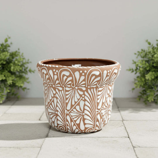 Terracotta & White Talavera Planter | Handcrafted Pottery Art - hand-painted terracotta pot with white floral fan motifs, raised rim, indoor/outdoor decor