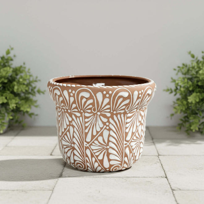 Terracotta & White Talavera Planter | Handcrafted Pottery Art - hand-painted terracotta pot with white floral fan motifs, raised rim, indoor/outdoor decor