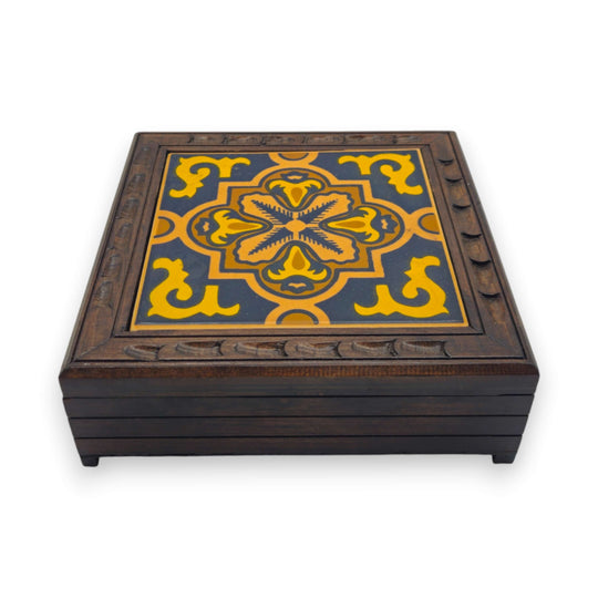Handcrafted Talavera Tile Keepsake Box | Mexican Wooden Jewelry Box with yellow and blue hand-painted floral tile in dark-stained wood frame