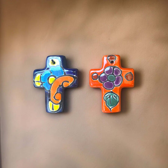Set of 2 Tiny Talavera Crosses | Handcrafted Mexican Art – pair of colorful hand-painted ceramic crosses with floral and geometric motifs