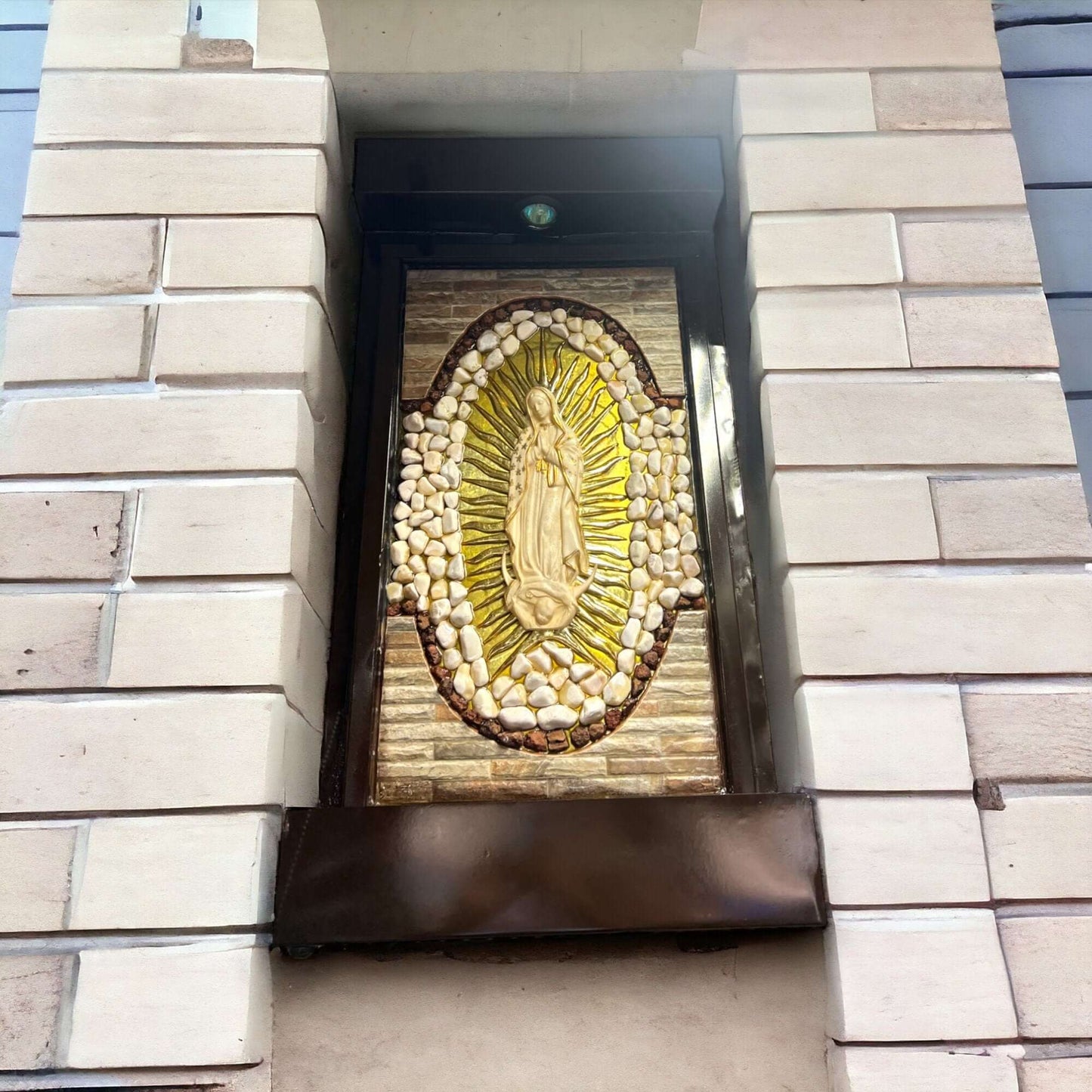 Handcrafted Virgin Mary Water Fountain | Mexican Artisan Garden Decor (Large) - hand-painted Talavera shrine fountain in window alcove