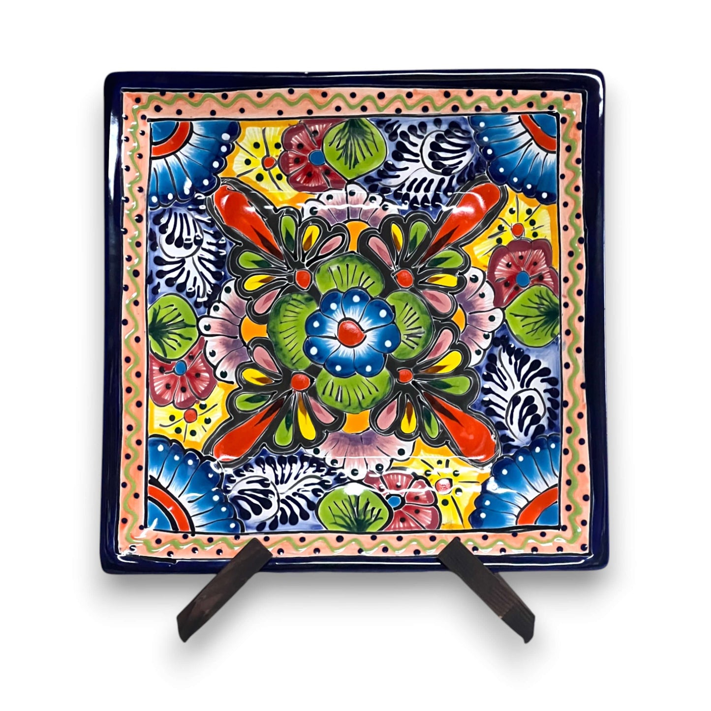 11" Square Talavera Dinner Plate | Vibrant Mexican Dinnerware - hand-painted 11.5" square floral mandala plate from Guanajuato, Mexico