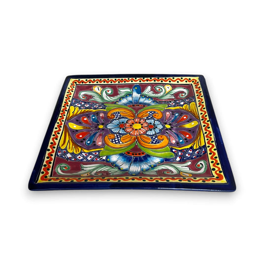 11" Square Talavera Dinner Plate | Vibrant Mexican Dinnerware - hand-painted 11.5" square floral mandala plate from Guanajuato, lead-free glaze