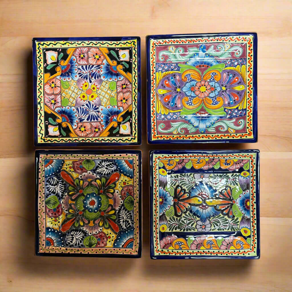11" Square Talavera Dinner Plate | Vibrant Mexican Dinnerware - set of four hand-painted 11.5" square Talavera plates with floral mandala designs