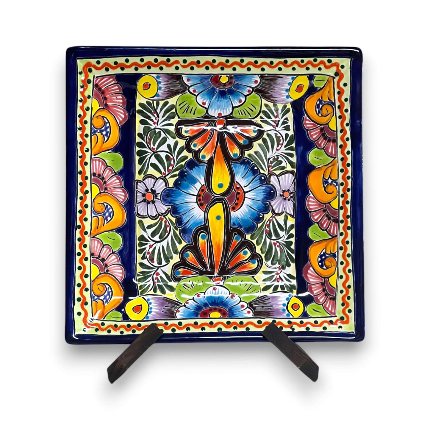 11" Square Talavera Dinner Plate | Vibrant Mexican Dinnerware - hand-painted 11.5" square floral mandala plate from Guanajuato, vibrant colors
