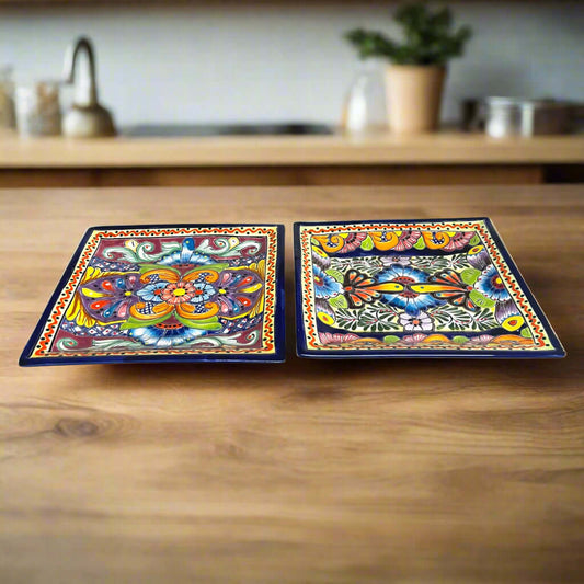 11" Square Talavera Dinner Plate | Vibrant Mexican Dinnerware - handcrafted 11.5" square Talavera plate with colorful floral mandala design