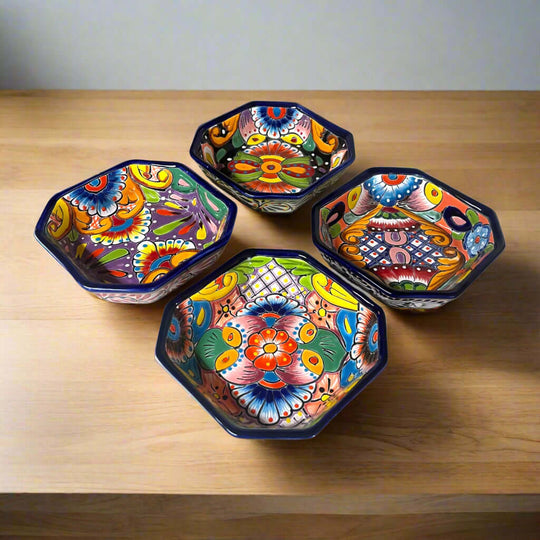 6.5" Square Talavera Bowl | Hand-Painted Mexican Dinnerware - handmade square ceramic bowl with bold orange blue red green floral Talavera design