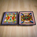 8" Square Talavera Plate | Colorful Mexican Handmade Dish - pair of hand-painted square Talavera plates with bold floral and geometric cobalt, yellow, red designs