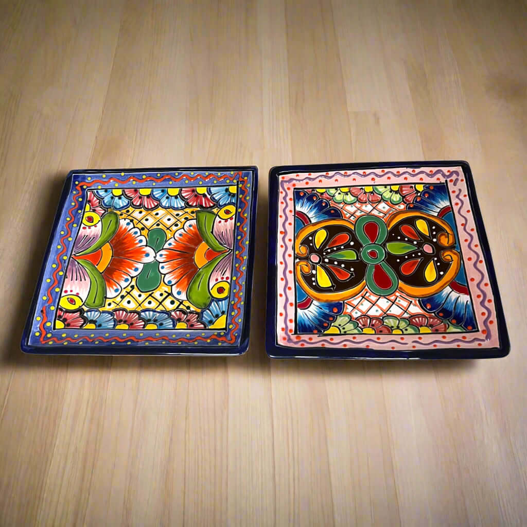 8" Square Talavera Plate | Colorful Mexican Handmade Dish - pair of hand-painted square Talavera plates with bold floral and geometric cobalt, yellow, red designs