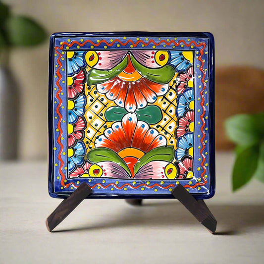 8" Square Talavera Plate | Colorful Mexican Handmade Dish - hand-painted cobalt blue, yellow, red floral geometric square plate from Guanajuato