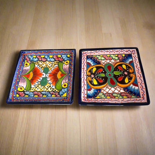 8" Square Talavera Plate | Colorful Mexican Handmade Dish - pair of hand-painted square Talavera plates with bold floral and geometric cobalt, yellow, red designs