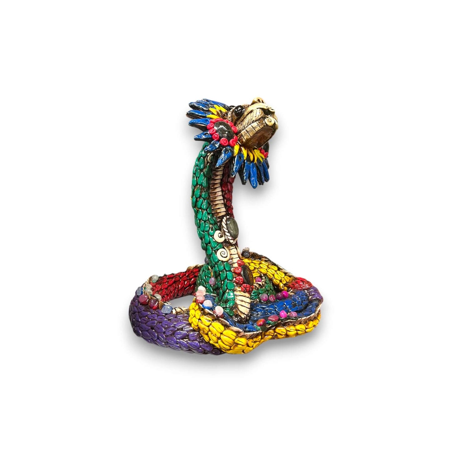 Handmade Aztec Snake Statue | Artisan Crafted Cultural Decor (Medium) vibrant hand-painted coiled snake sculpture from Guanajuato, Mexico
