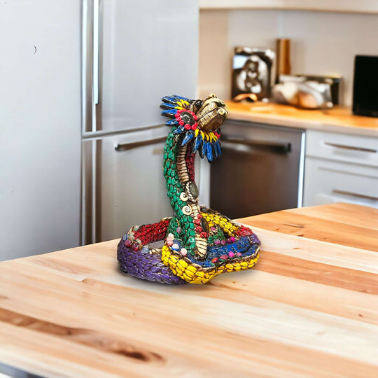 Handmade Aztec Snake Statue | Artisan Crafted Cultural Decor (Medium) colorful hand-painted snake statuette on kitchen counter