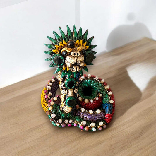 Handmade Aztec Snake Statue | Artisan Crafted Cultural Decor (Medium) - colorful hand-painted Guanajuato snake sculpture with beads