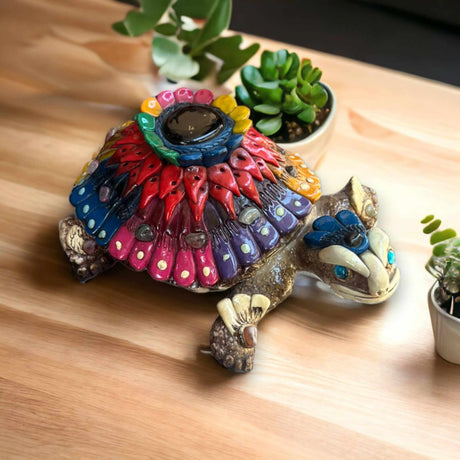 Artisan Crafted Aztec Turtle Statue | Handmade Cultural Decor Accent (Small) colorful handmade aztec turtle with painted shell and succulents