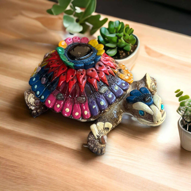 Artisan Crafted Aztec Turtle Statue | Handmade Cultural Decor Accent (Small) colorful handmade aztec turtle with painted shell and succulents