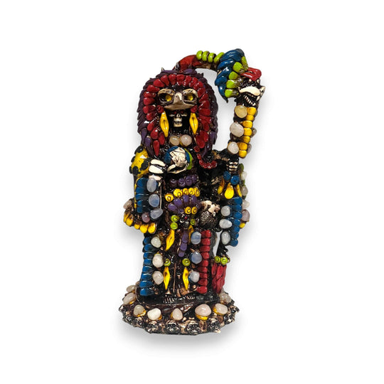 Handmade Aztec Warrior Statue | Colorful Grim Reaper Figurine — handcrafted Talavera-style beaded deity with vibrant red, blue, yellow accents