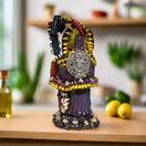 Handmade Aztec Warrior Statue | Colorful Grim Reaper Figurine handcrafted Talavera-style Grim Reaper with Aztec calendar medallion