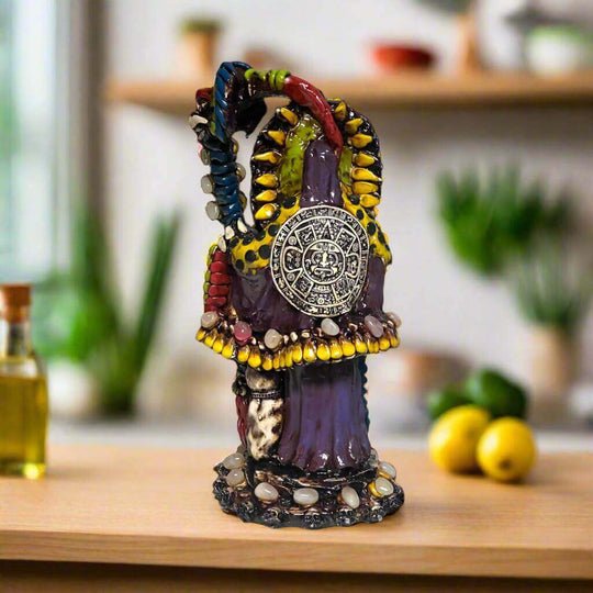 Handmade Aztec Warrior Statue | Colorful Grim Reaper Figurine handcrafted Talavera-style Grim Reaper with Aztec calendar medallion