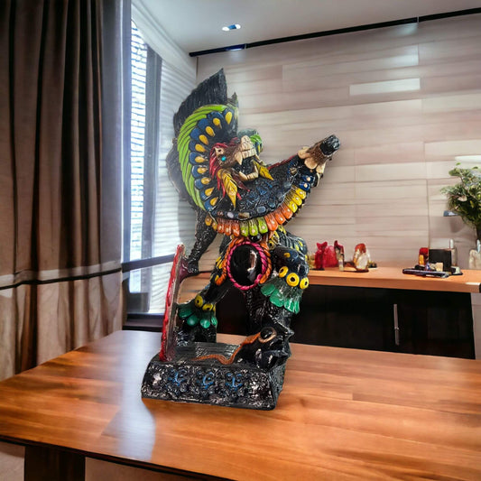 Unique Handmade Aztec Warrior Statue | Cultural Art - colorful hand-painted Aztec warrior sculpture from Guanajuato displayed on wooden table
