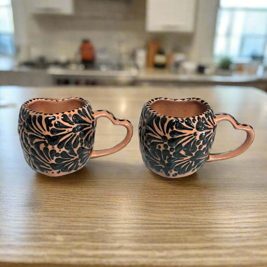 Black Talavera Heart Mug – Slightly Imperfect & Handmade hand-painted black and clay heart-shaped mug with heart handle, pair from Guanajuato, Mexico